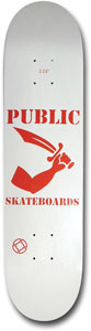 Public Barrymore2 skateboard deck: A white deck with PUBLIC in red stencil capitals above a red illustration of an arm holding a curved sword. SKATEBOARDS is in red below, with a small circular logo near the tail.