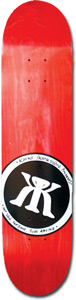 Karma Round Log0 skateboard deck: A black circle with a white stylised R-shaped monogram sits low on a red-stained deck, ringed by small white text.