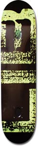 Lib Tech Og Construction skateboard deck: Large distressed block lettering in yellow-green over dark brown, partly cropped and cracked-looking, filling the whole deck. Letters are hard to make out.