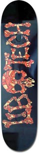 Lib Tech Tendon skateboard deck: Black deck with bold lettering formed from orange-red bones, with a skull in the middle of the word. The text is hard to read at this size.