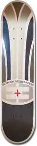 Seek Classic Logo skateboard deck: Symmetrical arched design in cream, grey and dark blue-black panels, with a circular emblem containing a red cross and SEEK SKATEBOARDS lettering near the tail.