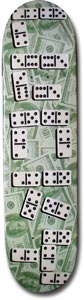 Lucky Dominoes skateboard deck: Rows of white dominoes scattered over a background of green US dollar banknotes.