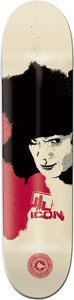 Icon Alex Rogue skateboard deck: Stencil-style portrait of a smirking woman with a black bob haircut, spray-painted black splash behind her, with red patches and a red ICON logo on a cream deck.