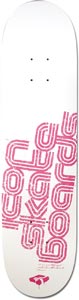 Icon Stamp Olive skateboard deck: White deck with large pink stencil-style rounded lettering stacked diagonally, reading the brand name and skateboards, with a small pink logo near the tail.