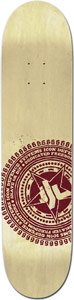 Icon Stamp Burgundy skateboard deck: A cream deck with a large burgundy circular stamp-style emblem at the lower half, with a star and hand symbol at the centre surrounded by rings of small text. It is cropped off the right edge.