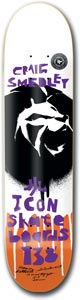 Icon Smedley Lion Sten skateboard deck: White deck with a black stencilled animal head, like a roaring lion, in the middle. Purple hand-drawn lettering above and below, a signature at the bottom and an orange paint-streaked band at the base.