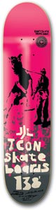 Icon Skate Stopper skateboard deck: Hot pink deck with a black and pink stencil-style image of two figures, one leading the other, over splatter. Cream hand-lettered Icon Skateboards and 138' at the bottom, with a small Icon logo.