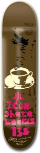 Icon Tea Bomber skateboard deck: Brown deck with a cream teacup and saucer in stencil style and splattered black ink marks above, with pink hand-cut lettering for the brand and the number 138 below. Small handwritten notes at the foot.