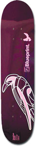 Blueprint Plumage Kennedy skateboard deck: Outlined crow or raven perched in white and pale pink line art on a deep purple background, with the Blueprint logo and a small bird silhouette at upper right.
