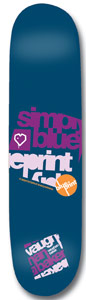 Blueprint Apprec Baker skateboard deck: Typographic graphic on a dark teal deck: overlapping cut-off letters in purple and white spelling out names, with a small heart outline and an orange circular Blueprint logo.