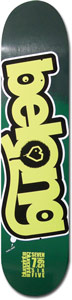 Blueprint Peel-Again Dk.grn skateboard deck: Dark green deck with a large pale yellow bubble-letter belong logo outlined in black, rotated vertically, with a small heart-in-circle symbol in the middle and tiny text at the lower edge.