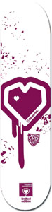 Blueprint Perpetual Purp skateboard deck: White deck with a large burgundy heart-shaped logo dripping a single long drip, surrounded by scattered burgundy shards and a small crest. A small boxed heart logo sits at the bottom.