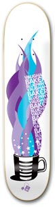 Blueprint Milk Baker skateboard deck: White deck with a black and white striped cup releasing swirling purple and blue steam or flames, made up of repeated lettering of rider and brand names, with sparkles and stars rising from the cup.