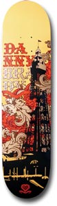 Blueprint Brady Illumin skateboard deck: Orange, cream and black screenprint of an ornate tower rising above scrolling floral flourishes and a pier, with the rider name DANNY BRADY stacked in red lettering at the top and a small heart logo at the tail, on a pale yellow ground.