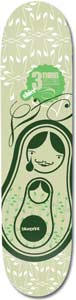 Blueprint Matryos Shier skateboard deck: Nested matryoshka-style women, a large one holding a smaller one, drawn in dark green on a pale green deck patterned with white leaves. A round green badge with a number 3 sits above and a small Blueprint logo on the doll.