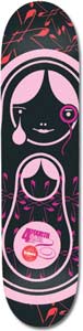 Blueprint Matryos Baines skateboard deck: Black deck with a pink nested-doll figure, a stylised girl with a teardrop and a monocle, over a smaller doll in the belly. Pink and red floral motifs surround it, and a small round logo sits at the lower centre.