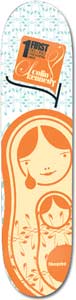 Blueprint Matryos Kenned skateboard deck: White deck with a pale blue leaf pattern at the top and a large orange nesting-doll figure with a teardrop and a smaller doll in its belly. A small orange label with script lettering sits at the top.