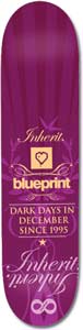 Blueprint Cursive Merlo skateboard deck: A purple deck with cursive Inherit script, a peach heart logo with the blueprint wordmark, and a slogan about dark days in December since 1995. Ornate flourishes and an infinity symbol finish the lower end.