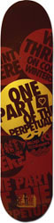 Blueprint Sloga Onepart skateboard deck: Dark red deck covered in overlapping round badges and stickers with bold slogan text. A large yellow badge at the centre reads One Part of the Perpetual, with a heart in a box, and a small logo at the tail.
