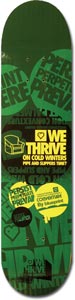 Blueprint Slogan Palmer skateboard deck: Dark green deck covered with overlapping slogan stickers and badges in green, yellow and black, with 'We Thrive on cold winters' and 'Persist Perpetuate Prevail' text and a small armchair icon.