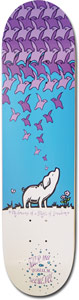 Karma Pigs Dream skateboard deck: A white pig looks up towards a flock of purple bird or pig shapes flying out of a tessellated pattern at the top, against a blue sky. A small flower and tiny handwritten captions sit at the bottom.