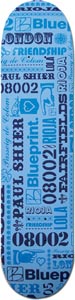 Blueprint Beloved Shier skateboard deck: An all-over collage of bold typography in blue tones on a light blue deck, repeating Paul Shier, Blueprint, London, Friendship, Rioja, Lola, Fairfields and 08002, with small icons such as a heart and a pointing hand.