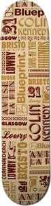 Blueprint Beloved Kenned skateboard deck: All-over typographic collage of mixed vintage fonts in brown, maroon and tan on a cream ground, spelling out names and Scottish place words, including a lion emblem near the tail.