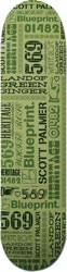 Blueprint Beloved Palmer skateboard deck: All-over typographic collage of mixed fonts in dark and light green, with large numerals and names including Scott Palmer and Blueprint, and a small emblem near the top right.