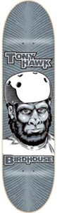 Birdhouse Hawk Ape skateboard deck: Illustration of a gorilla's face wearing a white skate helmet, drawn in monochrome on a blue-grey background with radiating lines. Tony Hawk and Birdhouse logos are in outlined block lettering above and below.