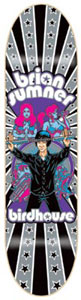 Birdhouse Sumner-Boss skateboard deck: Man in black hat and coat holding a guitar above his head in front of two pink and blue women, on a grey and black sunburst with stars. Rider name and Birdhouse logo are in white bubble lettering.