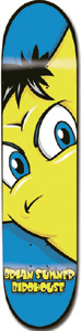 Birdhouse Sumner Allstarme skateboard deck: Cropped close-up cartoon of a yellow face with black spiky hair and big blue eyes, looking sideways, on a blue background. Name and brand in yellow lettering at the bottom.