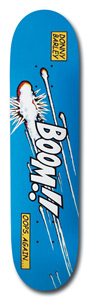 Birdhouse Barley Oops Again skateboard deck: A comic-book style explosion with the word BOOM!! in white across a blue deck, a missile streaking in with white trails, and two yellow caption boxes carrying the rider name and a pun.