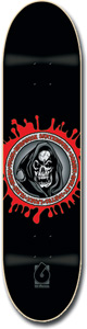 Flip Penny Sorry skateboard deck: Hooded grim reaper skull inside a grey circular badge ringed with small text, set over a red paint splat on a black deck. A small Flip logo sits near the tail.