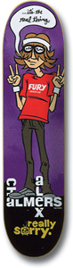 Flip Chalmers Sorry skateboard deck: Cartoon of a long-haired figure in a white headband, glasses and red Fury t-shirt, making peace signs, with a speech bubble saying it's the real thing. Chunky name lettering and really sorry at the bottom, on purple.
