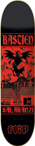 Flip Salab Hellswrath skateboard deck: Red and black woodcut-style illustration of a winged horned devil carrying a barrel over a village of rooftops, with small demons around, under 'Bastien' and over 'Salabanzi' and the Flip logo in gothic lettering.