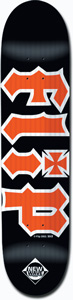 Flip Hkd Newave Blk skateboard deck: Flip name in large orange blackletter lettering with white outline, stacked vertically on black, with a small iron cross as the dot, and a New Wave diamond logo at the tail.