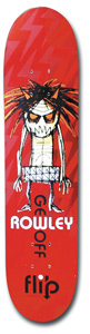Flip Rowley Fire Brim skateboard deck: Cartoon skeletal figure with spiky orange and black hair and orange eyes, wearing shorts, on a red deck with faint lightning bolts. The rider's name is printed vertically and across the lower body, with the brand logo below.