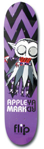 Flip Appleyard Countblood skateboard deck: Quirky cartoon vampire-like creature with a large white head, big dark eyes and a red striped scarf, in a tattered grey cape on a purple deck with black chevron zigzags. Rider name in white block letters above the Flip logo.