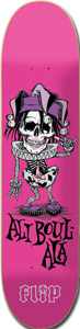 Flip Boulala Joker skateboard deck: A skeletal jester in a purple jester hat and ruff with a clown face grins and gestures, above black gothic-style Ali Boulala lettering and the Flip logo, on a hot pink deck.
