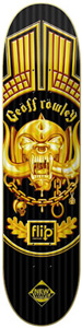 Flip Rowley Motorhead skateboard deck: Golden metal-style skull emblem with horns, tusks and a chain, inspired by a heavy-metal band mascot, under a gold grille pattern on a black striped deck. 'Geoff Rowley' in gold gothic lettering above a Flip logo and New Wave badge.