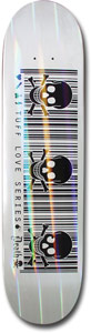 Death Skateboards Tufflove Wht skateboard deck: Silvery white deck with a black barcode crossed by three skulls and crossbones. Reads 'Tuff Love Series' with a small Death logo, and a rainbow holographic sheen.