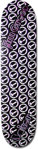 Baker Greco Quikhammers skateboard deck: Repeating all-over pattern of white circular logos with a check-mark style slash on a black ground, with a purple tint. The rider's signature runs up the top and the Baker name in script sits at the bottom.