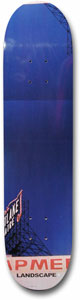 Landscape Skyline skateboard deck: A photographic graphic of a deep blue dusk sky with a rooftop neon sign and steel scaffold structure in the lower left corner. A red and white strip with partial lettering runs across the tail.