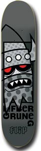 Flip Glifberg Popart skateboard deck: Cartoon grey monster with three white eyes, red pupils and sharp teeth, built in dotted grey blocks, on a grey deck. Rider's name stacked in black lettering beneath with the Flip logo.