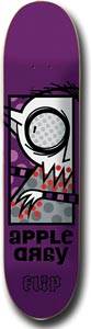 Flip Appleyar Popart skateboard deck: Cartoon spiky-haired character with a large round eye in a black-framed panel, dotted grey and red-spotted body, on a purple deck. Stacked black lettering below and the Flip logo.