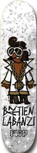 Flip Salabanzi Stardust skateboard deck: A cartoon figure in white sunglasses and a white suit with a large gold chain and B medallion, standing on a white deck with a silvery glitter pattern, with the rider name in hand-lettered text and Flip logo below.