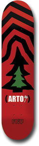 Flip Saari Iconic skateboard deck: Red deck with black chevron stripes radiating from a black pine tree silhouette with a green centre. Rider name in brackets with a small axe, Flip logo at the tail.