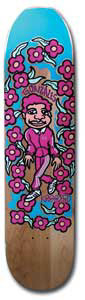 Krooked Sweatpants Napkin skateboard deck: Cartoon man in a pink tracksuit and white trainers, standing and smiling, surrounded by pink flowers with green leaves on a blue background over bare wood. Name lettering across the top.