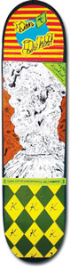 Krooked Dreh Volcano skateboard deck: Collage deck with a yellow and red striped band at the top bearing handwritten text, a large black and white drawing of an erupting volcano or smoke plume on an orange ground, and a green and yellow diamond harlequin pattern with K marks at the bottom.