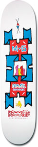 Krooked Gonz Banner skateboard deck: A red central panel with blue puzzle-like banner shapes forms a vertical totem, with the initials M-G, a small pink and yellow figure in a window and a small yellow figure below. Krooked logo at the bottom on white.